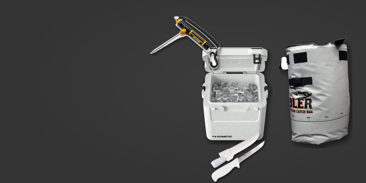 Fish care gear: iki spike, chilly bin, insulated catch bag and filleting knife